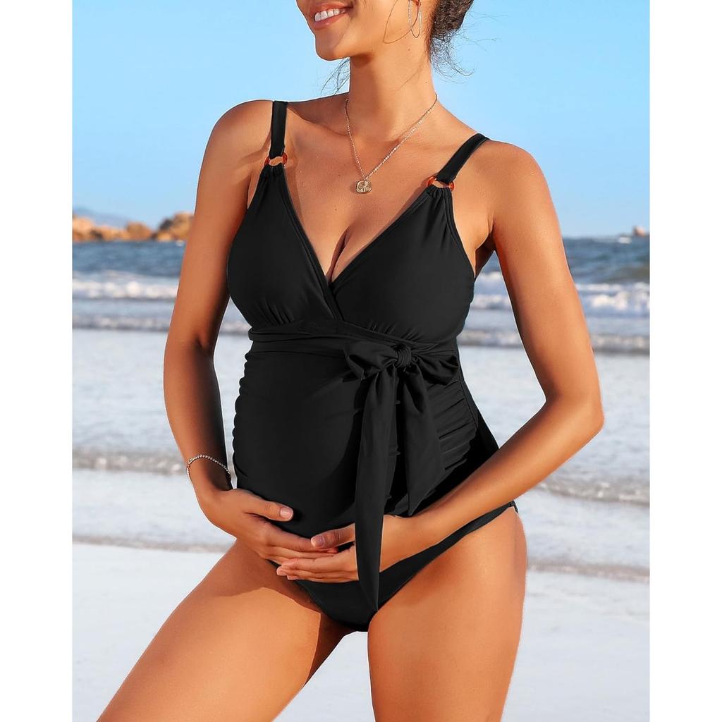 CHARMLEAKS Купальник для беременных Цельный купальный костюм с V-образным вырезом для беременных с завязками спереди и рюшами Купальники