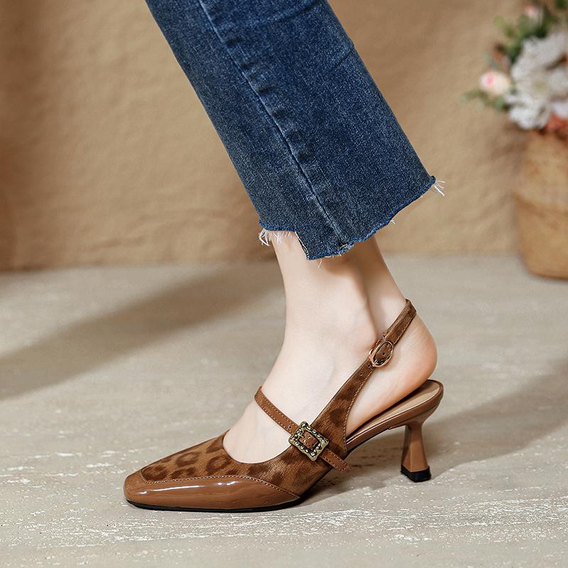 Baotou Sandals Retro Leopard Print One-word Buckle High Heels Women's Thin Heels New Square Head Empty Shoes
