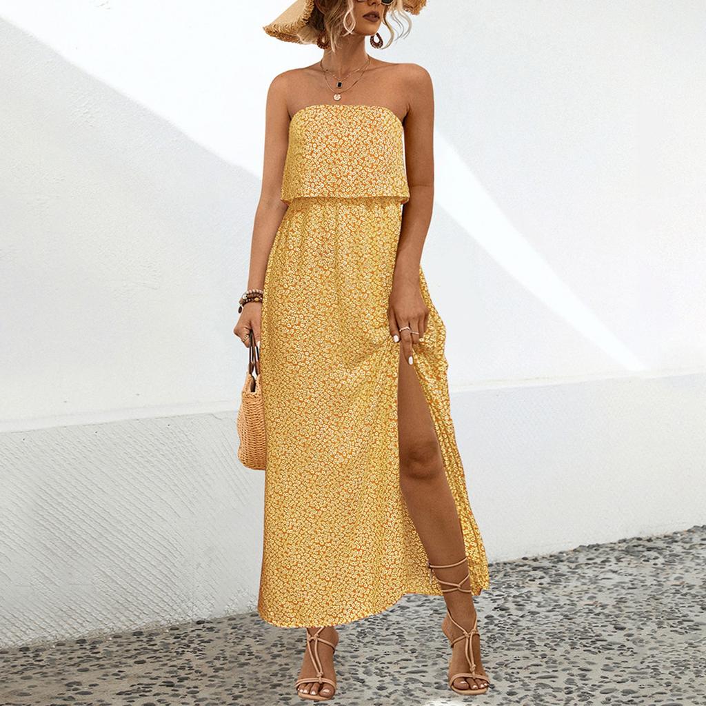 Women's Versatile Sexy Strapless Floral Split Dress