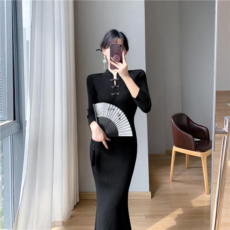 Осенне-зимнее ретро китайское платье ципао «рыбий хвост» вязаное для женщин