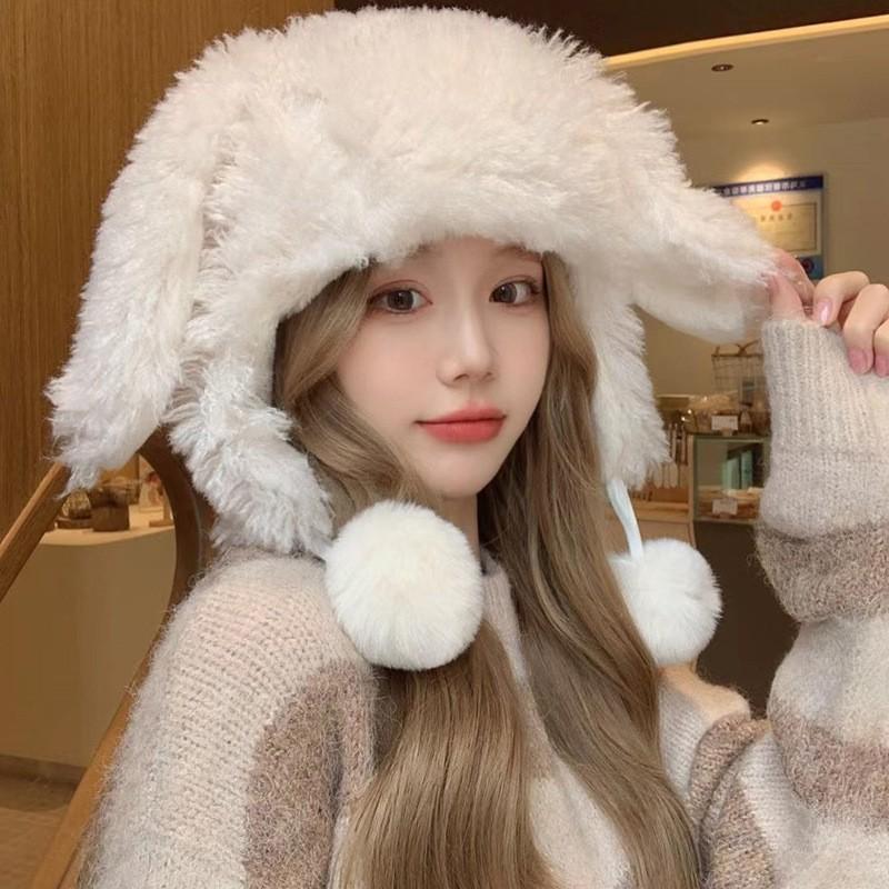 Зимняя утолщенная белая плюшевая шапка с мультяшными кроличьими ушками, женская, для уменьшения возраста, милая и симпатичная, с защитой ушей, теплая шапка-пуловер