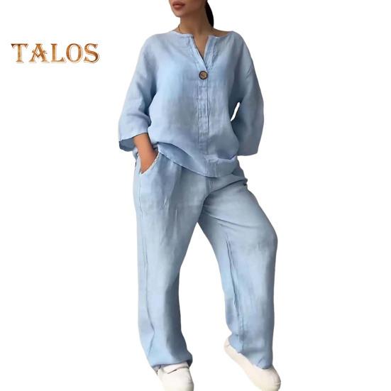 2 шт./компл., блузка, комплект брюк, V-образный вырез, длинные рукава, декор пуговиц, топ с широкими штанинами, свободные брюки с эластичной резинкой на талии, OL, повседневная домашняя одежда для поездок на работу, наряд