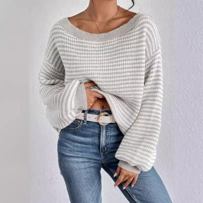 Autumn and Winter Clashing Color Striped Lantern Sleeve One-line Collar Strapless Knitted Sweater