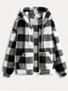 Женское клетчатое пушистое пальто с капюшоном на молнии и с карманами для осени/зимы