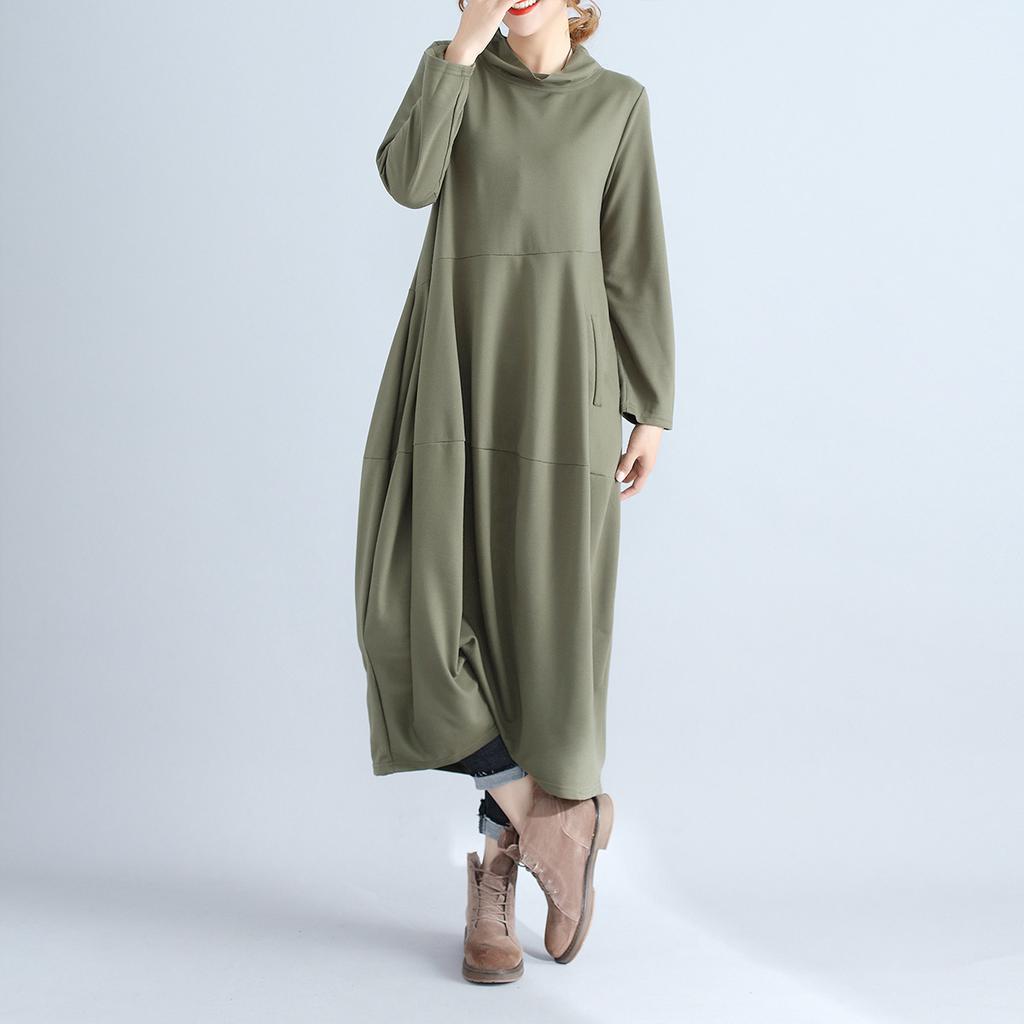 Retro Solid Color Lantern Skirt, High Neck Style Long Dress, Cotton and Linen Sewn Long Sleeve Dress