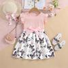 Girls' Flutter Sleeve Ribbed Dress with Butterfly Print & Belt
