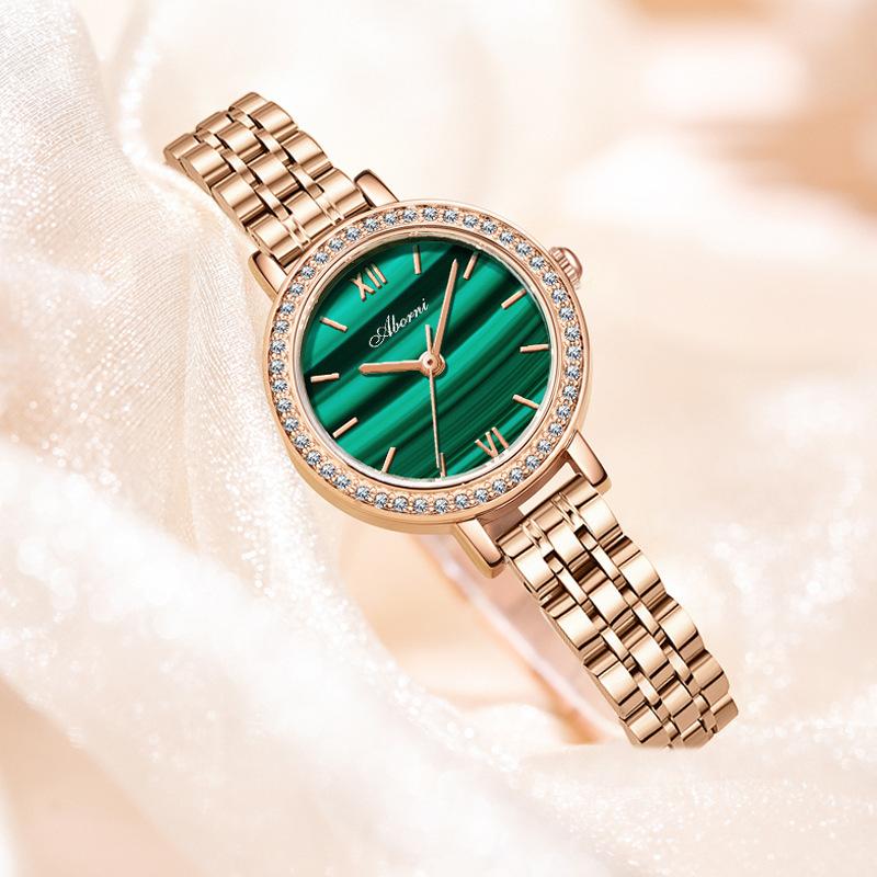 ABORNI женские часы нишевые легкие роскошные кварцевые часы водонепроницаемые маленькие золотисто-зеленые часы с инкрустацией бриллиантами