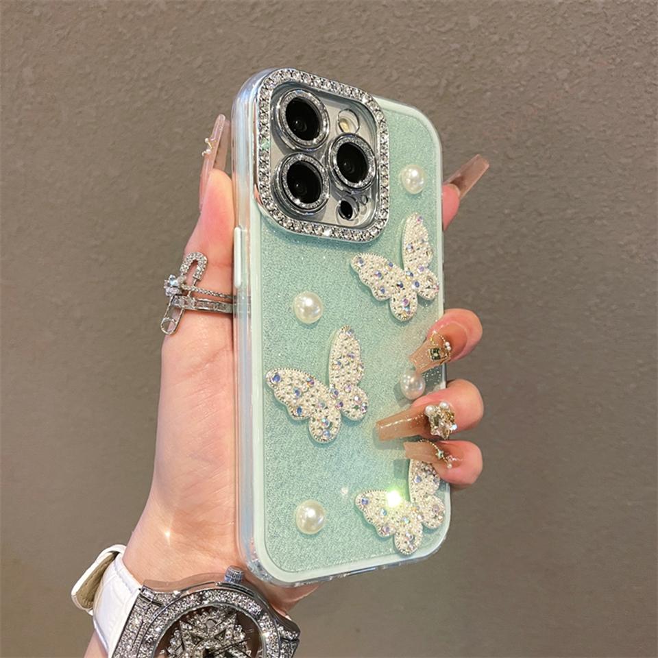 Блестящий глиттерный жемчужный силиконовый чехол-бабочка для iPhone 16 15 14 13 12 11 Pro Max Plus Роскошный защитный противоударный чехол