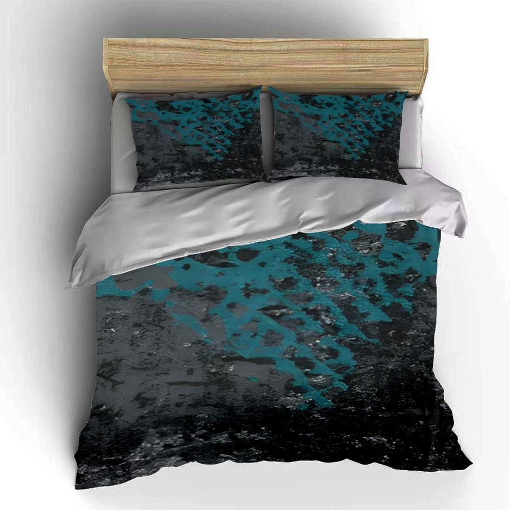 Teal Mineral Stone Bedding Set, Black Base Rough Rock Texture Print 1 Duvet Cover 2 Pillowcases Single Double King Queen,Gift