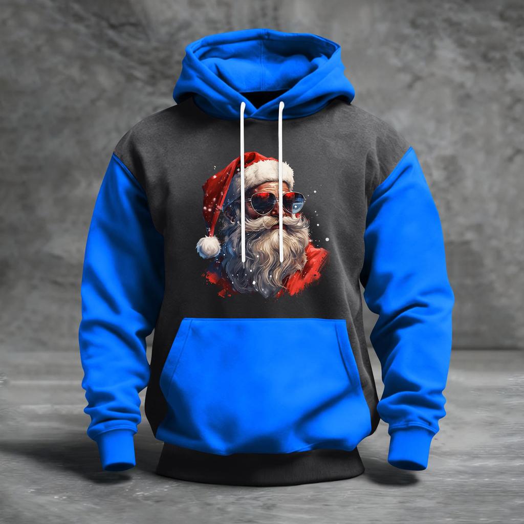 Мужской рождественский свитшот с капюшоном, повседневный, спортивный, удобный, с цветными блоками и принтом