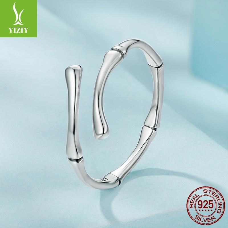 S925 Sterling Silver Simple Bamboo Open Ring, Cross-Border Fashion Minimalist Style Adjustable Ring Jewelry