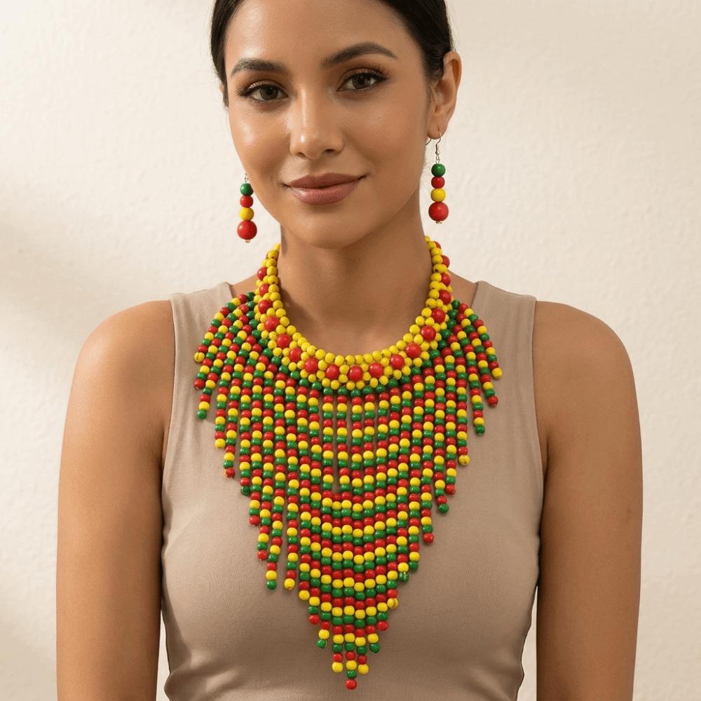 Handmade Necklace Earrings Set Wood Tassel Necklace Elegant Ear Studs Ladies