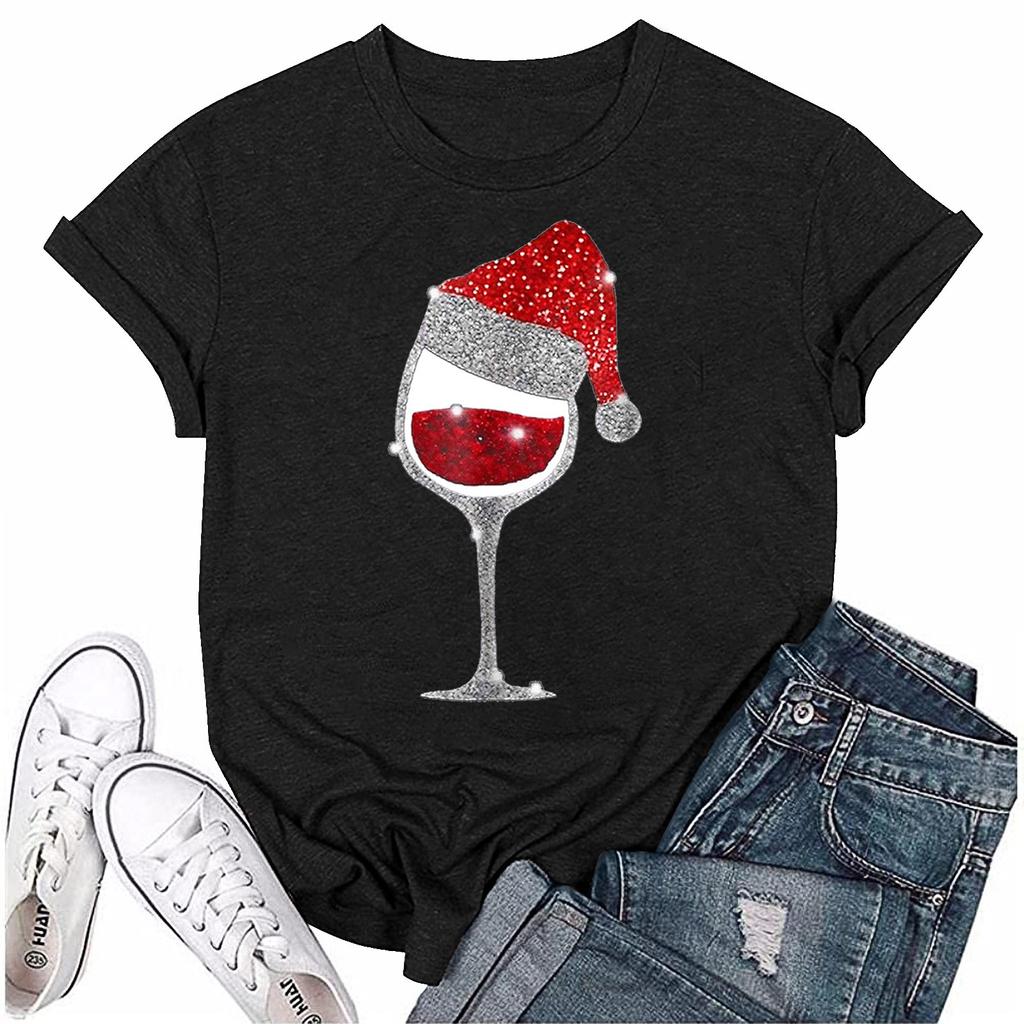 Женский повседневный рождественский принт с короткими рукавами и круглым вырезом, свободный пуловер, топ