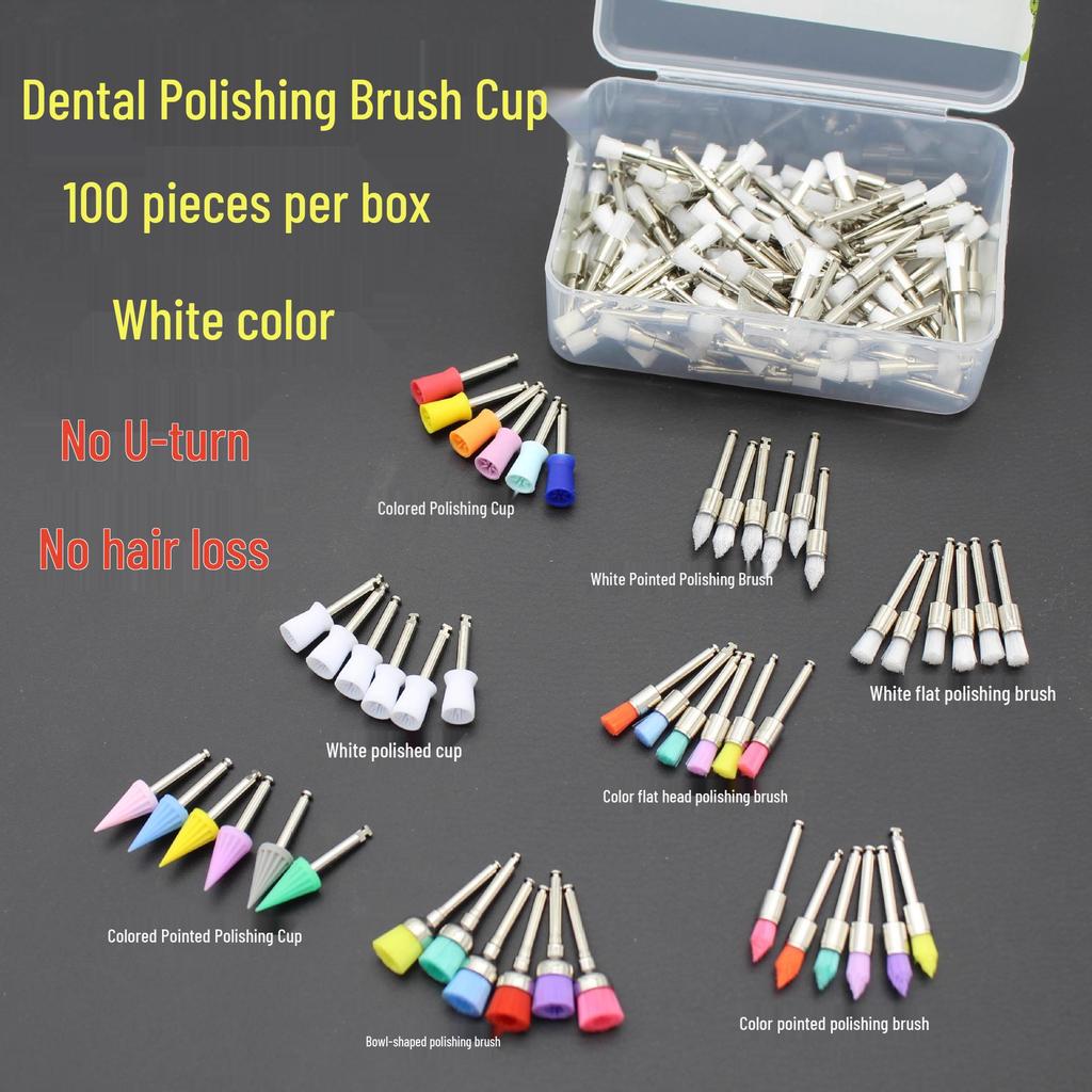Dental Polishing Brush Set - Bowl-Shaped, Hollow Mandrel, Flat Head, 100 Pcs, Colored.