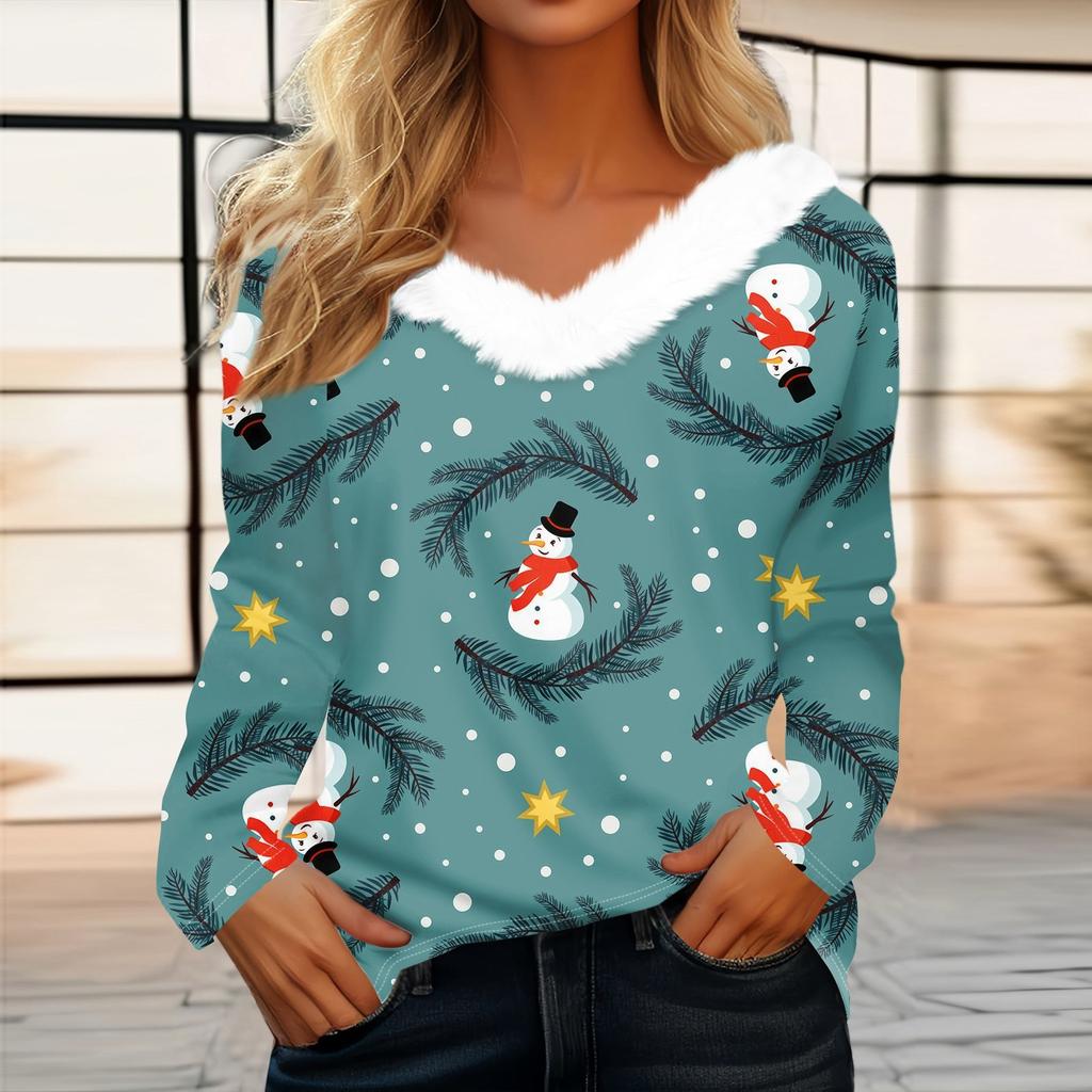 Рубашки с длинным рукавом для женщин Милые топы Рождественские принты Футболки Блузки Повседневные топы больших размеров Базовые топы Пуловеры