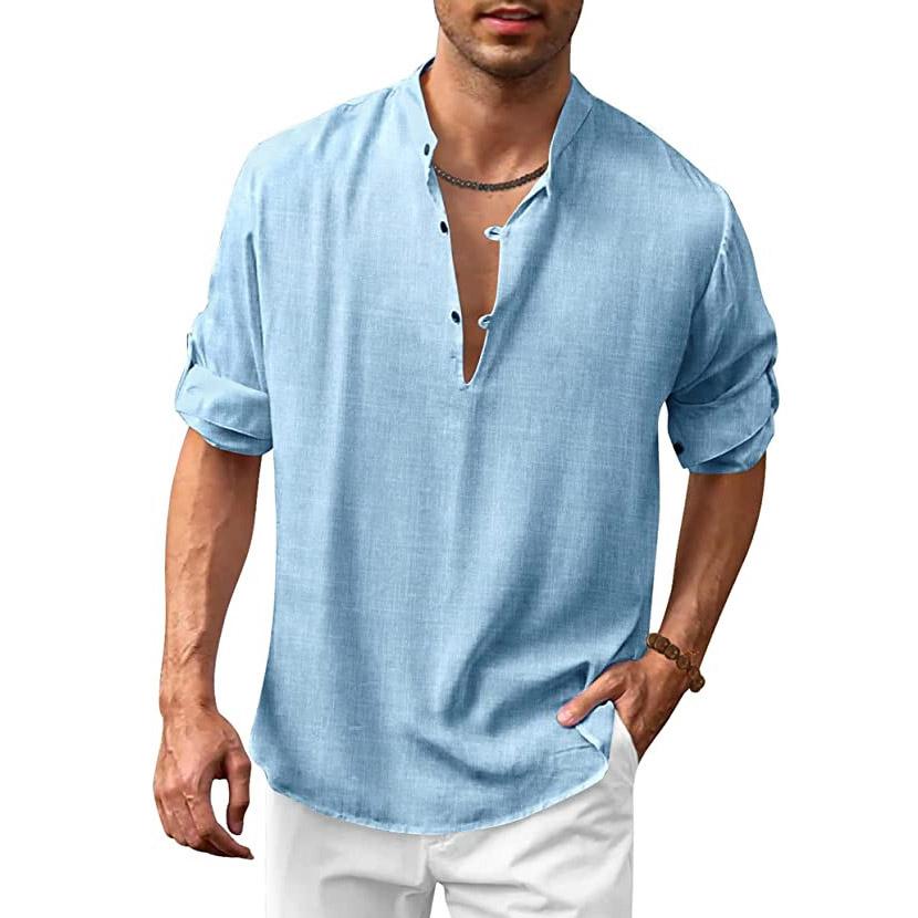 Хлопково-льняная рубашка, мужская осенняя рубашка со стойкой и длинным рукавом, однотонные негабаритные топы, мужские рубашки