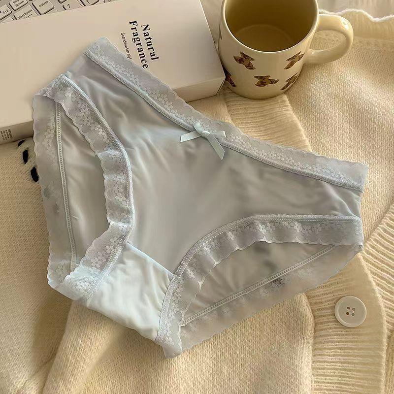 Spring and Summer Solid Color Ice Silk Underwear for Women Mid Waist Quick Drying Lace Underwear