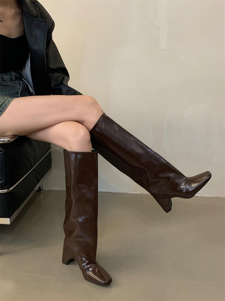 Niche Square Head Coarse Heel Fiber Leather Tall Pants Boots Fried Street Spice Girls Height Up White But Knee Boots Knight Boots