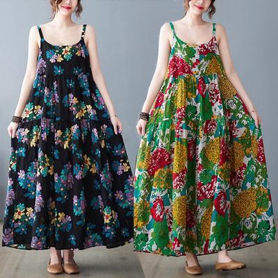 Реальное фото Лето Новое Литературное Большой размер Свободное Хлопок и Лен Принт Платье на бретелях Женское Средней длины