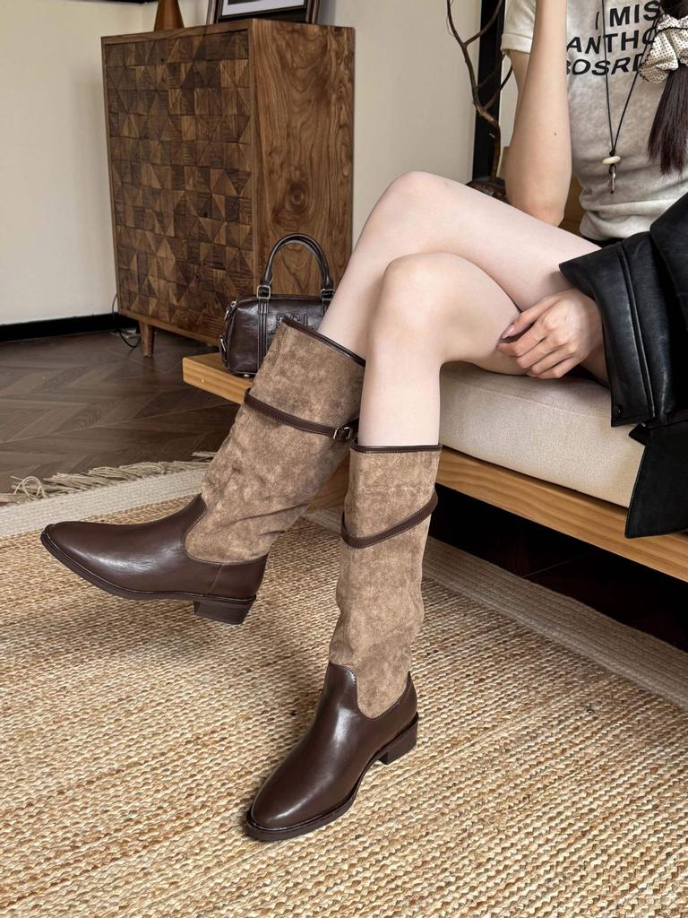 Autumn and winter new round head middle heel splicing temperament thin French fashion sexy beautiful women's boots