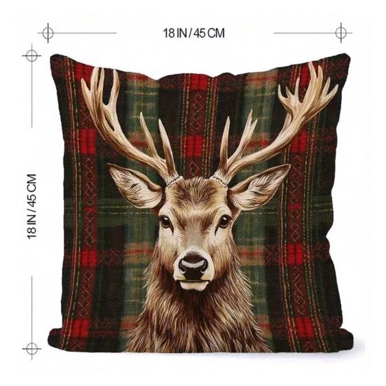 Christmas Elk Pillow Cover Red Green Plaid Elk Head Throw Pillow Cover 18 Inch X 18 Inch Winter Festive Pillowcase for Home Couch Sofa Bed Decoration