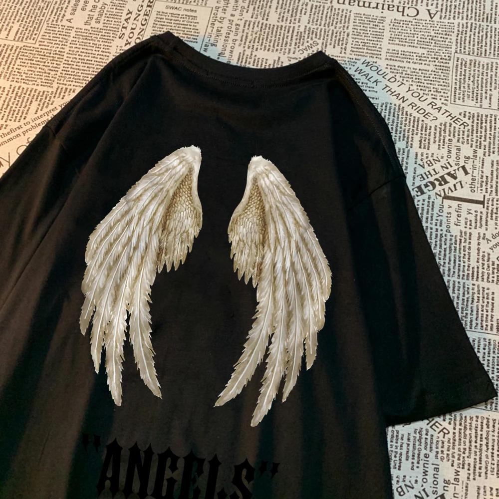 Мужская футболка свободного кроя в стиле хип-хоп с изображением крыльев ангела - летняя повседневная одежда из хлопка для пар