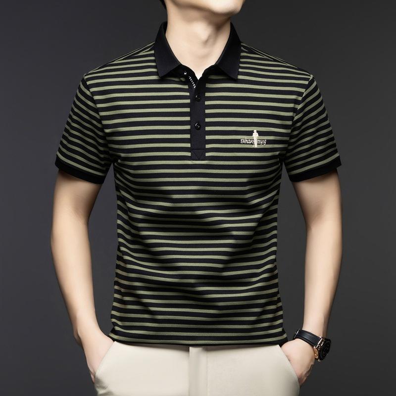 Легкая повседневная мужская вышитая полосатая футболка-поло с коротким рукавом и лацканами, повседневная дышащая футболка
