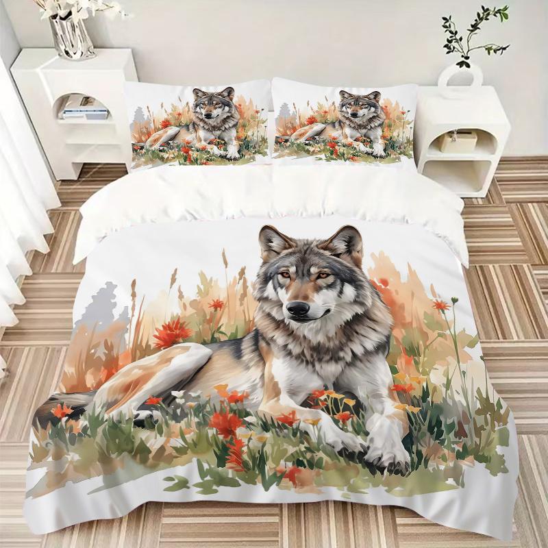 3pcs Wild Wolf amidst Autumnal Wildflowers Print Bedding Set (Without Inserts), Soft and Comfortable J092