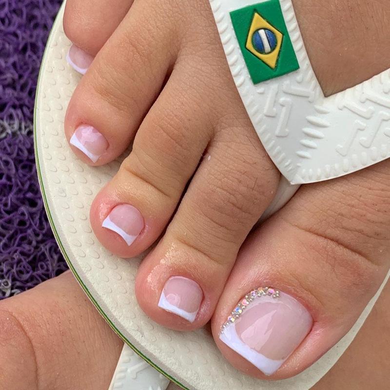 24pcs Glitter False Toenails Sweet Pink Artificial Nails for Feet DIY French Style White Edge False Toenails Detachable Wearable
