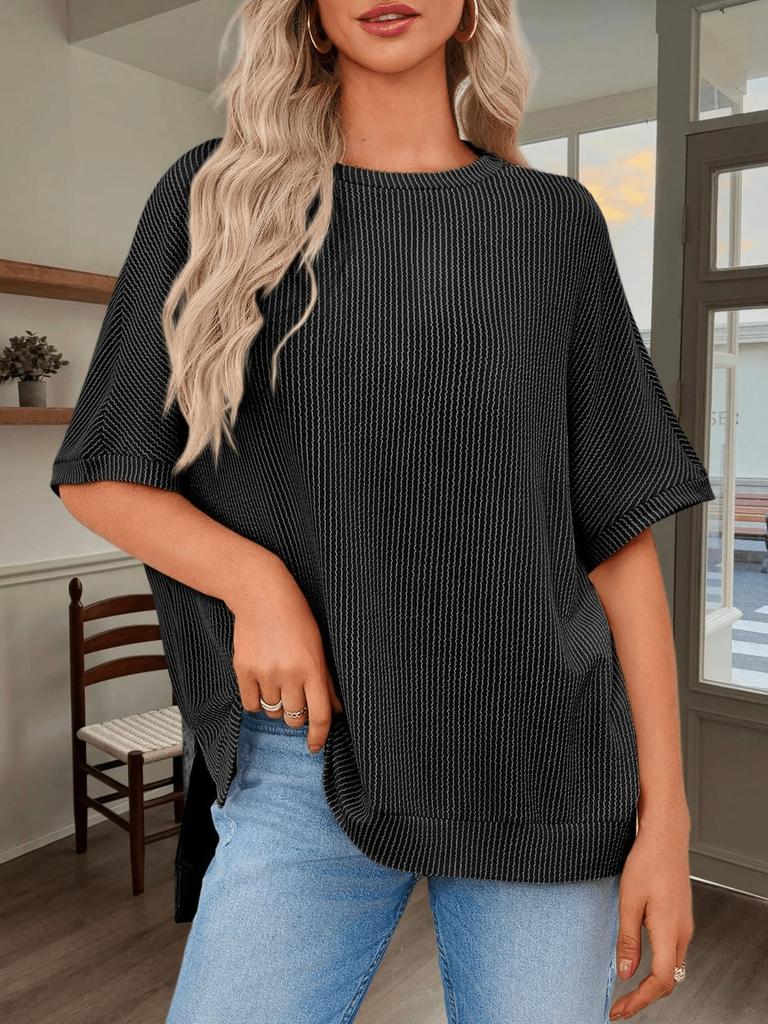Womens Ribbed Batwing T Shirt Short Sleeve Loose Fit Summer Tunic Top