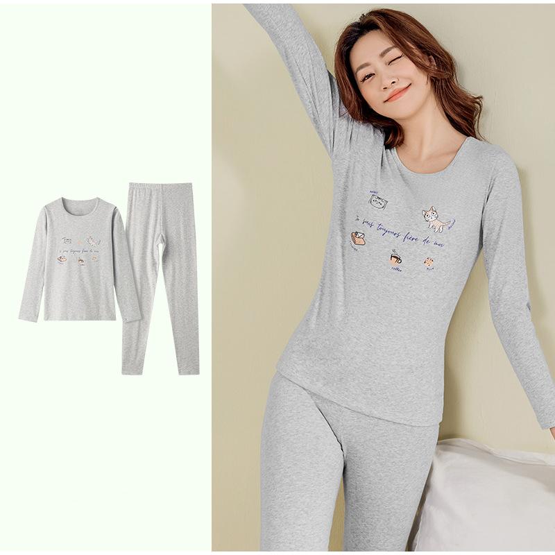 Осенне-зимний хлопковый цветочный женский термобелье с принтом, тонкий теплый костюм