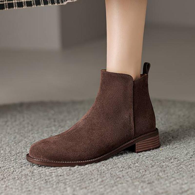 Krazing Pot Зимние ботинки челси из коровьей замши с круглым носком на среднем каблуке, женские ботильоны на молнии, большой размер 43, базовый дизайн