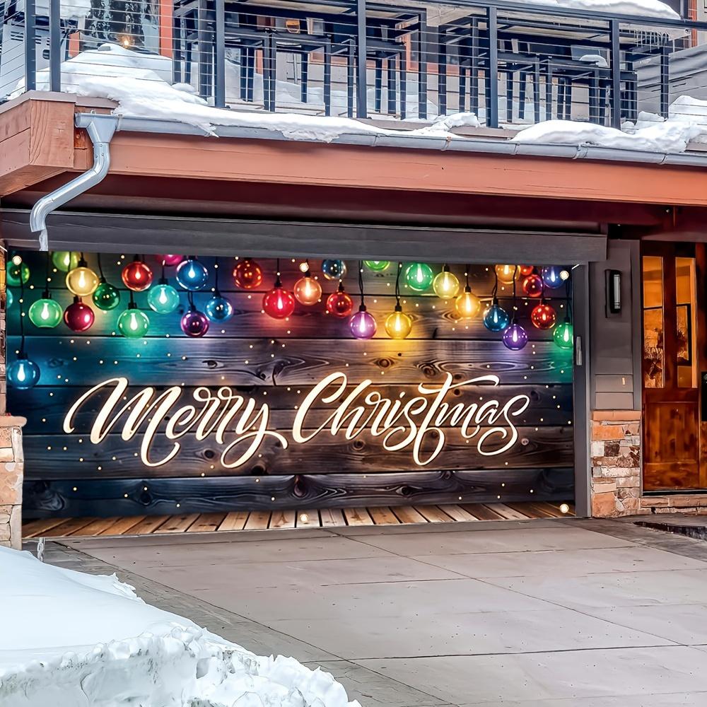 Merry Christmas garage door banner with festive ball lights and text design for home, outdoors