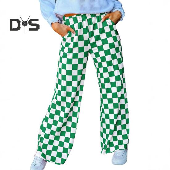 Женские брюки с высокой талией, эластичные, клетчатые, широкие, повседневные брюки свободного кроя, повседневная одежда для работы и отдыха