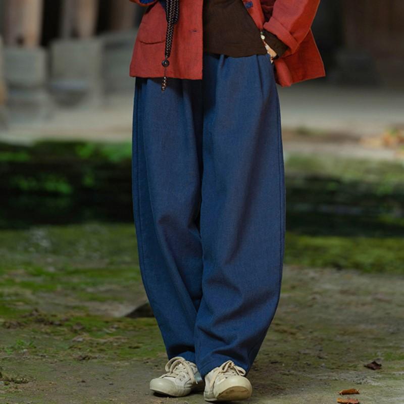 Johnature Women Winter Vintage Bloomers Pants Solid Color Elastic Waist Trousers Female Long Pants