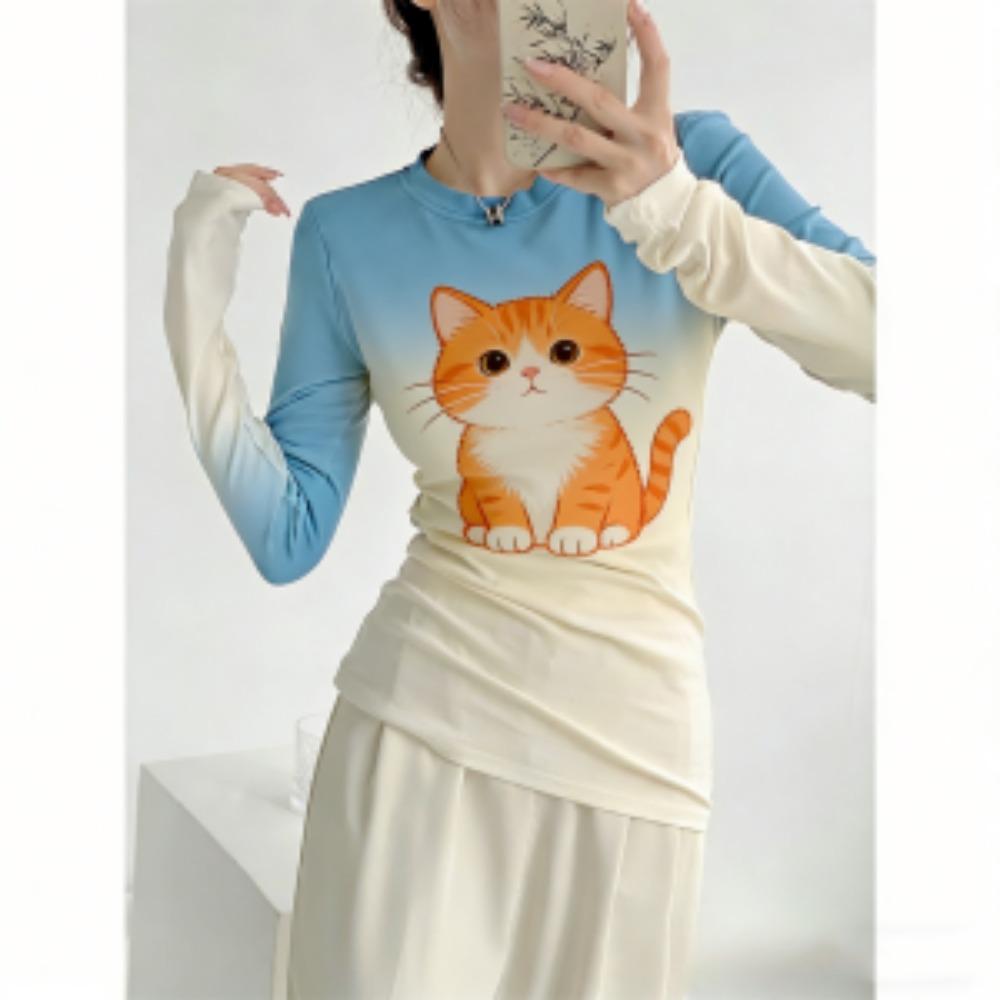 Весна Европа Америка Кот Леопардовый принт Модная женская футболка Пуловер Женская одежда с длинным рукавом Повседневные футболки для улицы Топ