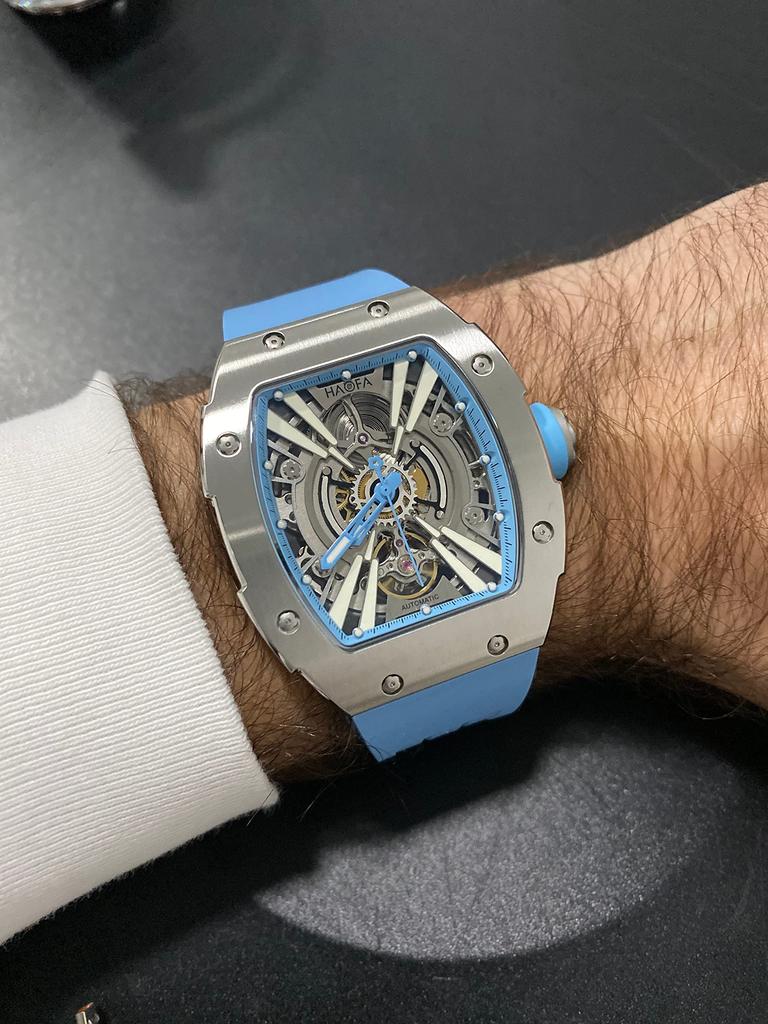 Haofa Automatic Skeleton Watch with 316L Stainless Steel Barrel and Tonneau Perfect for and Men's Case, Shape, Baseball, Business, Fashion.