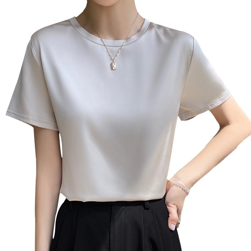 Silk T-shirt for Women Spring and Summer Short Loose Round Neck Solid Colour Inner Temperament Short-sleeved T-shirt Tops