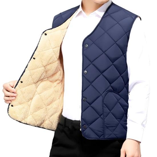 Men Vest Coat V-Neck Sleeveless Single Breasted Solid Color Waistcoat with Pockets Thickened Plush Lining Vest Jacket