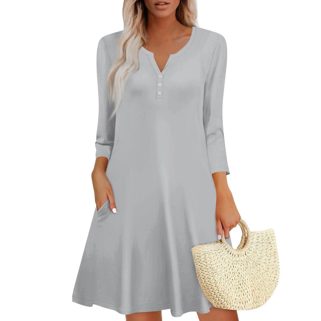 Women's Summer Dress Loose V Neck Three-quarter Sleeve Sundress With Pockets Dress