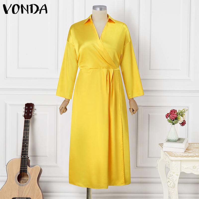 VONDA Женское модное однотонное атласное платье-рубашка с длинным рукавом и разрезом