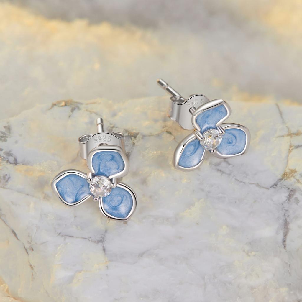 Silver stud earrings, blue flowers, 925 silver