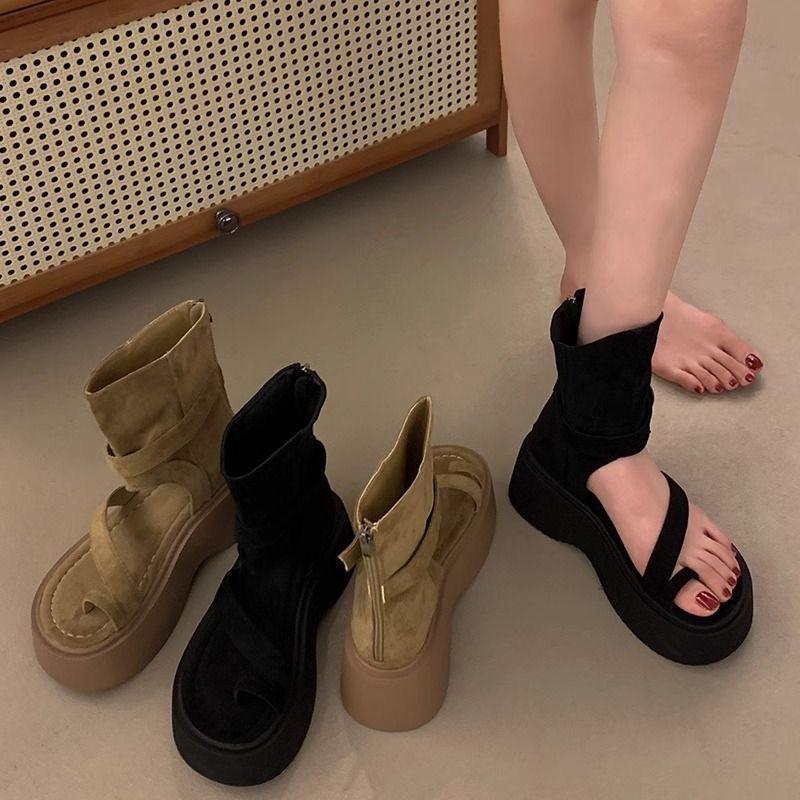 Ретро Ботинки на толстой подошве с высоким голенищем для женщин летом 2025 года, Новая модная верхняя одежда, Босоножки на высоком каблуке с открытым носком