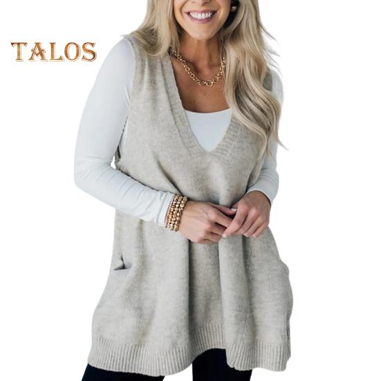 Женский свитер с V-образным вырезом, без рукавов, однотонный вязаный жилет с карманами, ребристая отделка, свободный крой, средняя длина, повседневный трикотаж