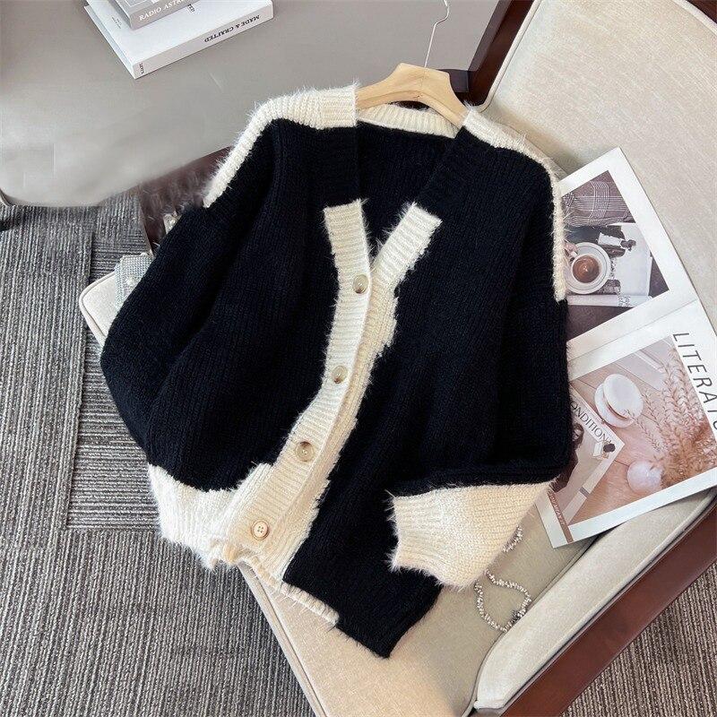 Осень-зима, вязаный кардиган с v-образным вырезом, женский 2023, повседневный кашемировый свитер с имитацией норки, женские свободные винтажные кардиганы 28135
