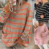 Women Striped O-Neck Long Sleeve Pocket Loose Sweater Oversized O-neck Pullover Knitting Jumper Casual Hoodies