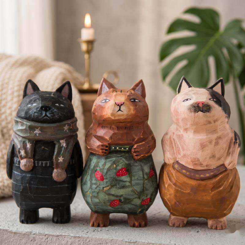 Wooden Carved Kitten Figurine Handcrafted Cat Sculpture Cute Table Decor Home Display Birthday Gift For Cat Lovers Kids Women