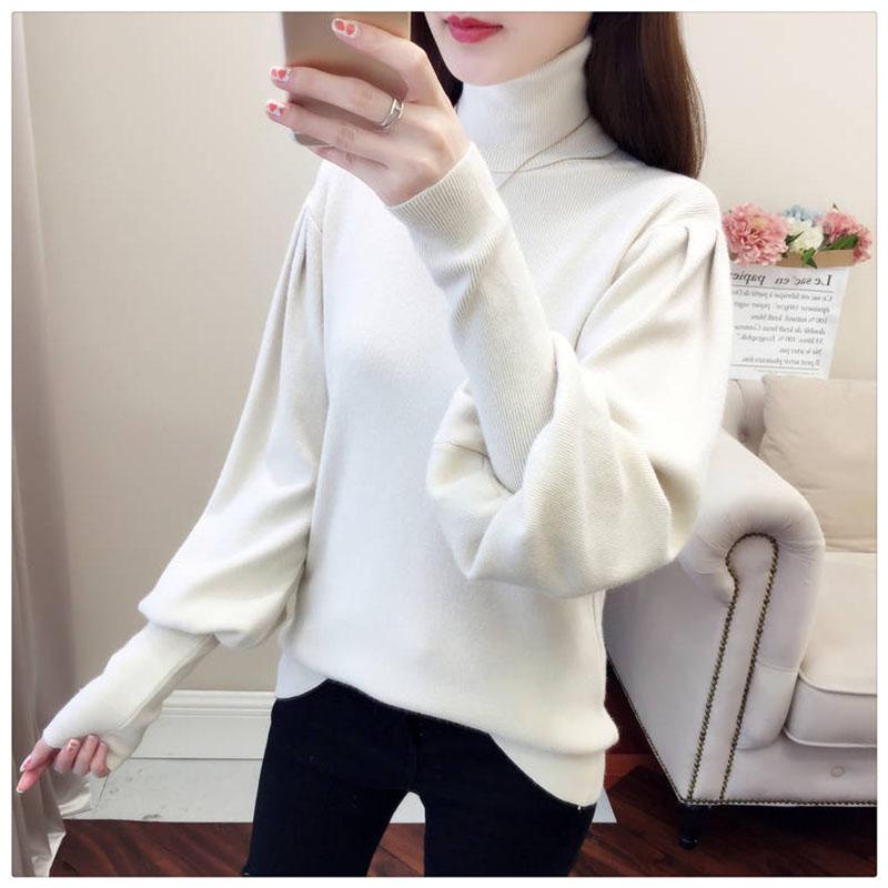 Женский пуловер с высоким воротником, свитер, теплый зимний свободный вязаный джемпер с рукавами-фонариками больших размеров