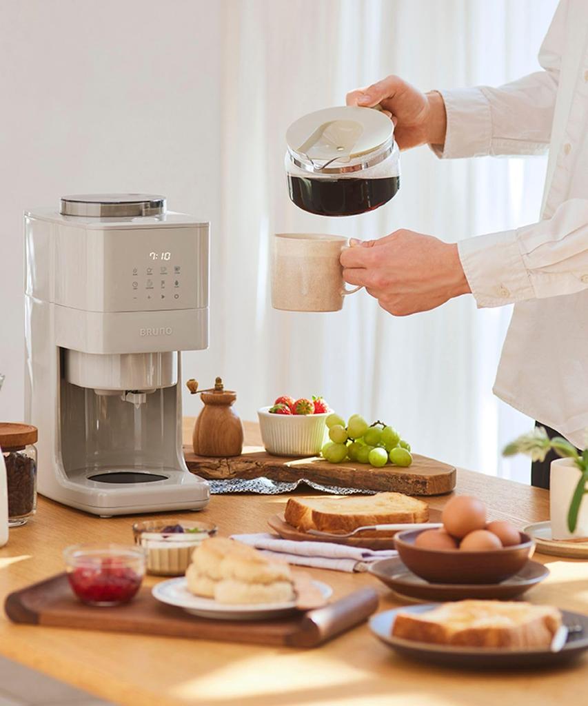 BRUNO Coffee Maker, Fully Automatic, Cone Type, with Coffee Mill, Bean or Powder Compatible, 3-Level Grind Size and Strength Adjustment, Greige,