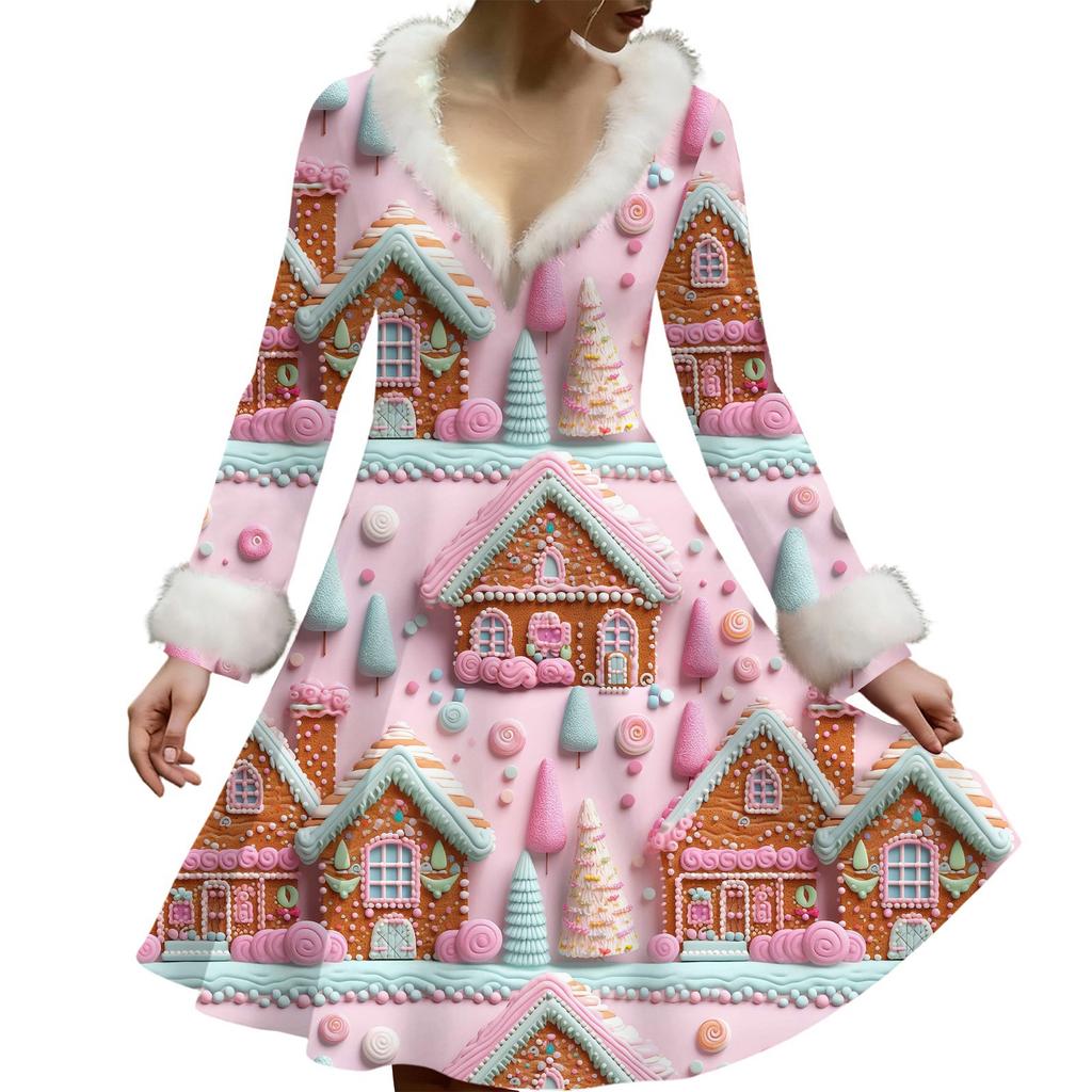 Женское повседневное платье с V-образным вырезом, рождественским принтом, плюшевыми длинными рукавами